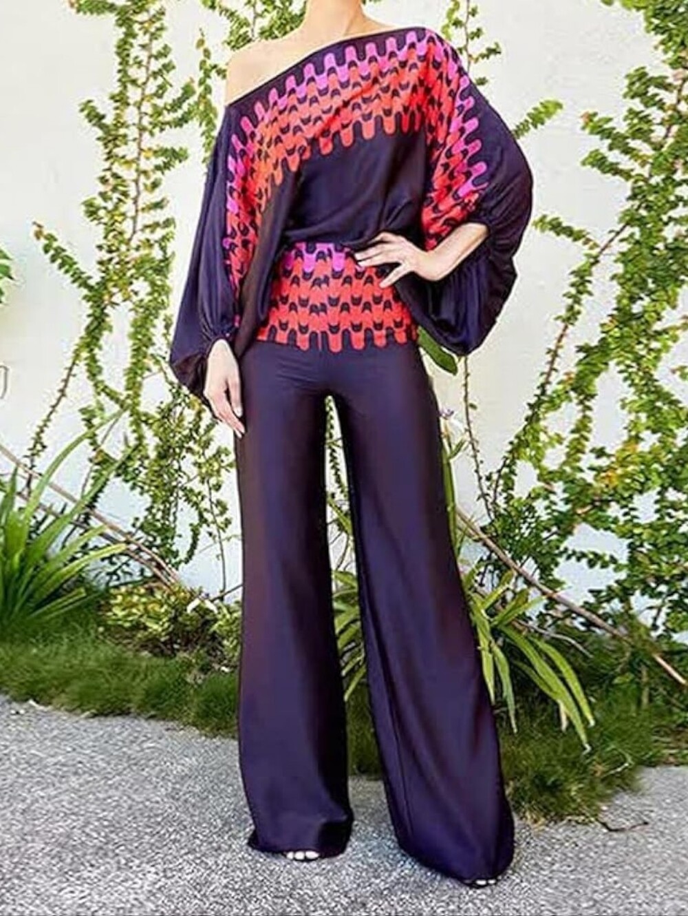 Womens Off-Shoulder Navy Blue Wide Leg Pant Set Disco Boho Abstract 70s S/M